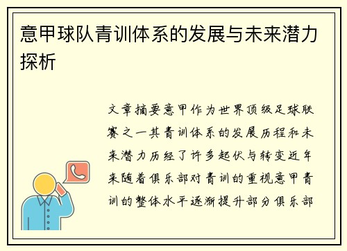 意甲球队青训体系的发展与未来潜力探析