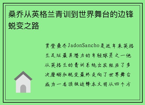 桑乔从英格兰青训到世界舞台的边锋蜕变之路