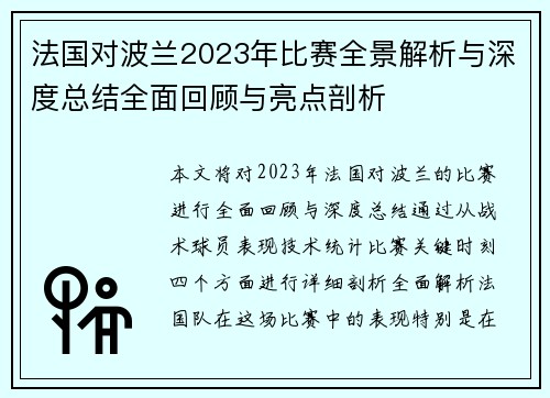 法国对波兰2023年比赛全景解析与深度总结全面回顾与亮点剖析