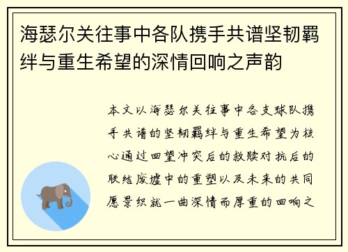 海瑟尔关往事中各队携手共谱坚韧羁绊与重生希望的深情回响之声韵