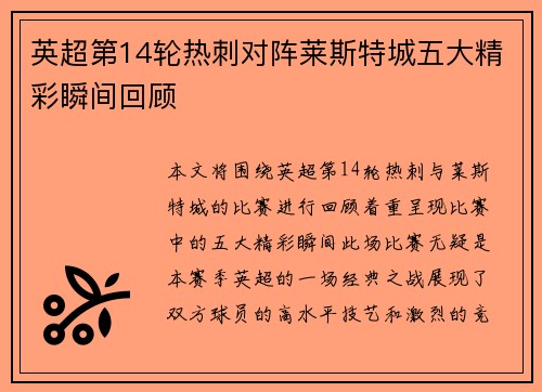 英超第14轮热刺对阵莱斯特城五大精彩瞬间回顾