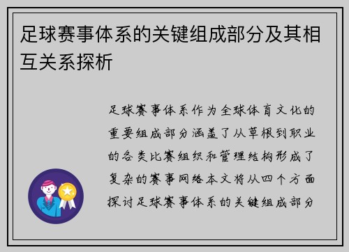 足球赛事体系的关键组成部分及其相互关系探析